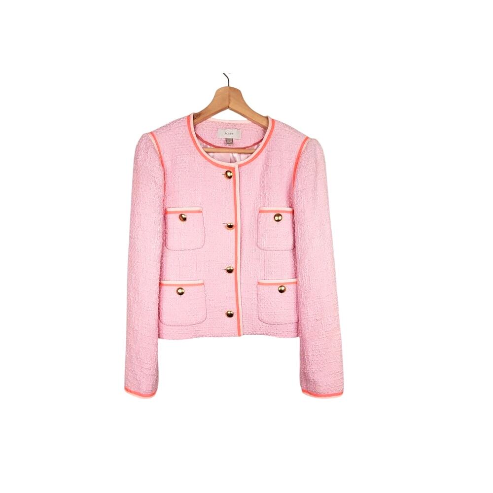 J Crew Amanda Lady Jacket Blazer Cotton Tweed Pink Lined Gold 22015 Size 12